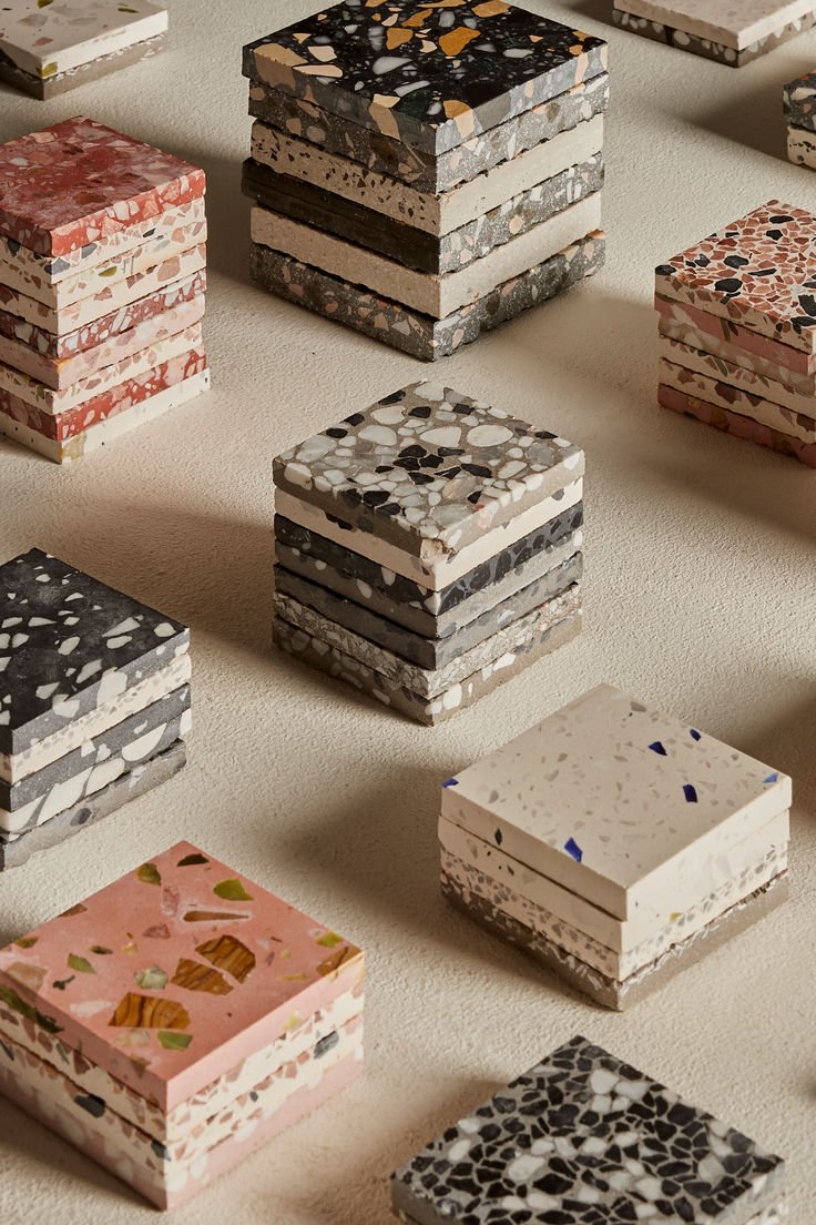 Terrazzo-look tile showing aggregate pattern